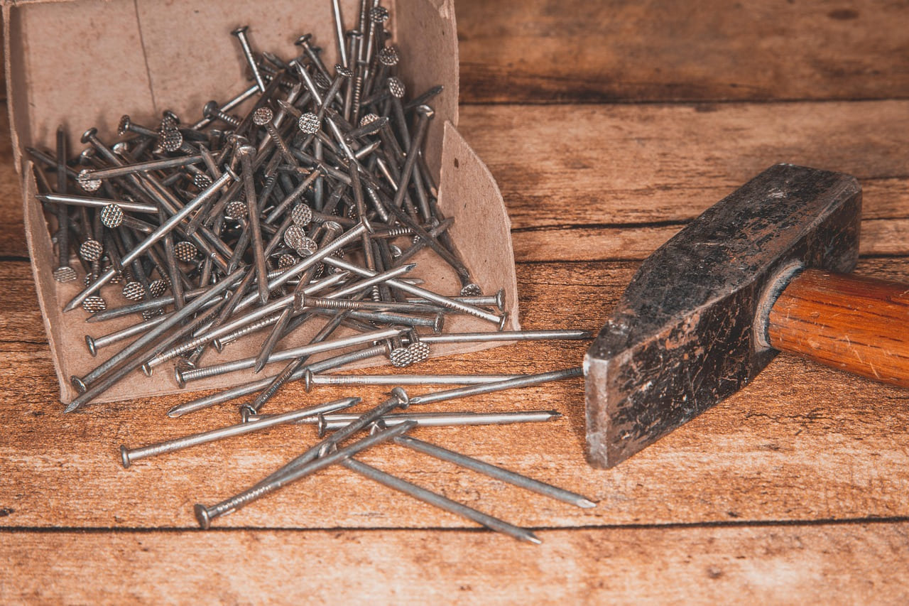 nails, flat head, stole, industry, metal, glittering, tool, hardware, iron, metallic, repair, building, equipment, renovation, diy, connect, craft, hammer, wood, attach, carton, box on Hammer & Home